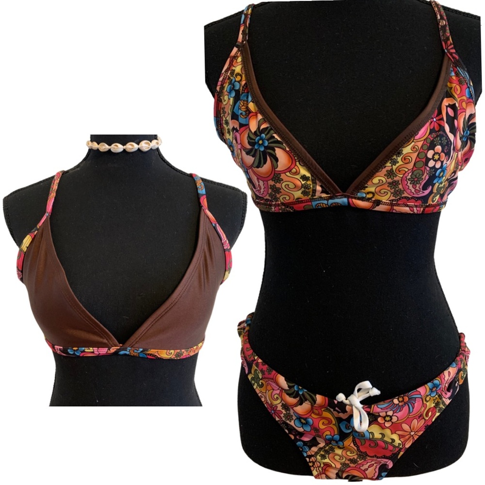 TS Swim 2 Piece Brown Floral Paisley print Swimsuit Reversible Top